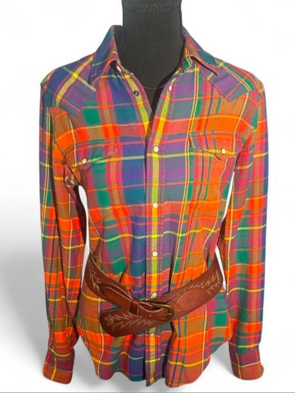 Vintage Ralph Lauren Sport Cotton Plaid Western Pearl Snap Long Sleeve Sz. 10